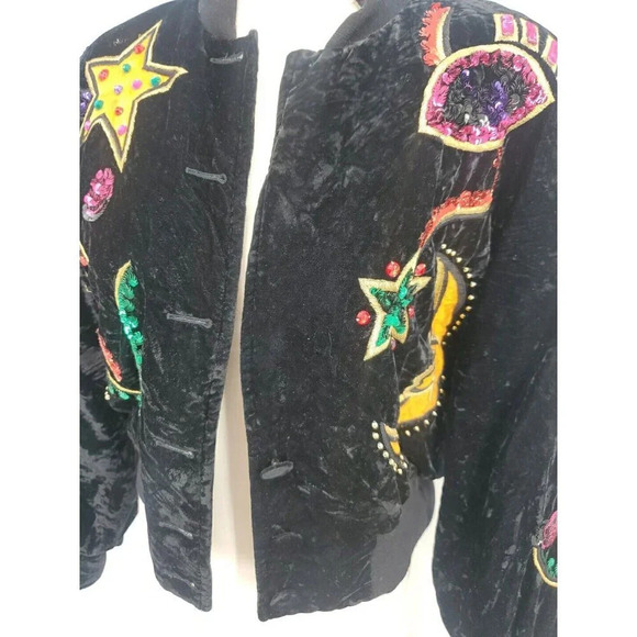 90's Escada Vintage Black Velvet Embellished Moon & Stars Bomber Jacket Size 36 - Picture 9 of 15